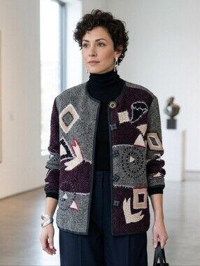 Allure L Vintage 90s Indie Sleeze Aztec  Southwestern Patchwork Knit Cardigan